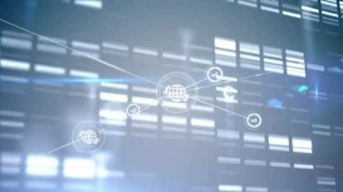 Mavi arkaplan üzerindeki simgelerle bağlantı ağının canlandırılması. küresel bağlantılar, dijital arayüz ve dijital olarak oluşturulmuş video işleme konsepti.