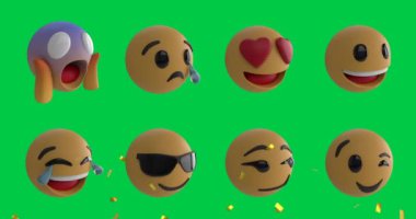 Yeşil arkaplana konfetilerin düşmesi üzerine emoji simgelerinin canlandırılması. küresel sosyal medya ve iletişim konsepti dijital olarak oluşturulmuş video.