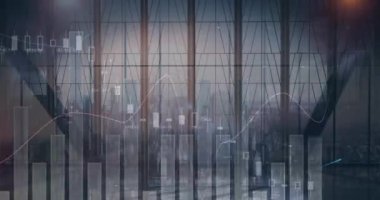 Modern ofiste yürüyen çeşitli iş adamları üzerinde finansal veri işleme animasyonu. küresel iş, finans, bağlantılar ve dijital arayüz konsepti dijital olarak oluşturulmuş video.