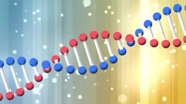 Renkli dijital arkaplanda yüzen beyaz noktaların üzerindeki DNA zincirinin animasyonu. renk, hareket ve bilim konsepti dijital olarak oluşturulmuş video.