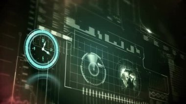 Saatin animasyonu ve ekranda küreyle birlikte veri işleme. küresel bağlantılar, veri işleme ve dijital arayüz konsepti dijital olarak oluşturulmuş video.
