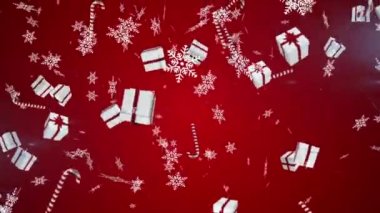 Kar taneleri, Noel hediyesi ve kırmızı arka plana düşen şeker kamışı ikonları. Noel şenliği ve kutlama konsepti