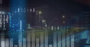 Şehir manzarası üzerindeki istatistik ve finansal veri işleme animasyonları. küresel iş, finans, veri işleme ve dijital arayüz kavramı dijital olarak oluşturulmuş video.