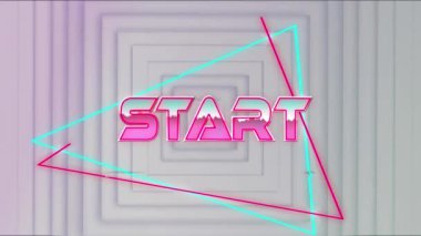 Beyaz arkaplandaki ışık izlerinin üzerinden başlat metninin canlandırması. Video oyunu, eğlence ve dijital arayüz kavramı dijital olarak oluşturuldu.