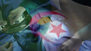 Ameliyathanede cerrahların üzerinde sallanan hindi bayrağının animasyonu. küresel tıp, covid 19 pandemik konsept sırasında sağlık hizmetleri dijital olarak üretilen video.
