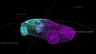 Siyah arka planda dönen 3D araba çiziminin üzerine düşen şekillerin animasyonu. küresel mühendislik, bağlantılar ve dijital arayüz konsepti dijital olarak oluşturulmuş video.