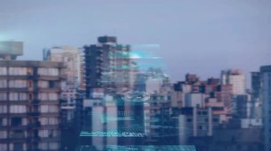 Şehrin finans bölgesindeki çeşitli verilerin animasyonu. küresel iş, finans ve veri işleme kavramı dijital olarak oluşturulmuş video.