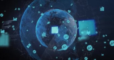 Kareler simgesi yükleme ve dünya üzerindeki bağlantılar ağının canlandırması. küresel ağlar, veri işleme, bağlantılar ve dijital arayüz konsepti dijital olarak oluşturulmuş video.