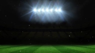 Geceleri stadyumun üzerinde yüzen tozların animasyonu. Spor, rekabet ve zafer konsepti dijital olarak oluşturulmuş video.