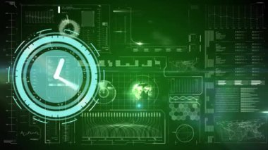 Saatin animasyonu ve ekranda küreyle birlikte veri işleme. küresel bağlantılar, veri işleme ve dijital arayüz konsepti dijital olarak oluşturulmuş video.