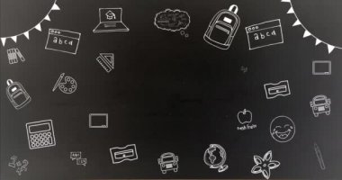 Okul öğeleri simgeleri üzerine mutlu öğretmenler günü metinleri. okul, eğitim ve öğrenim konsepti dijital olarak oluşturulmuş video.