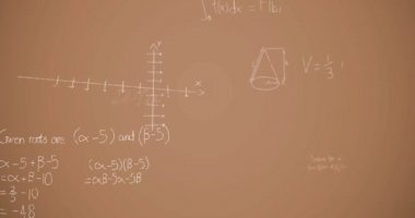 Kahverengi arkaplan üzerinde matematiksel denklemlerin animasyonu. küresel eğitim, bağlantılar, veri işleme ve teknoloji konsepti dijital olarak oluşturulmuş video.