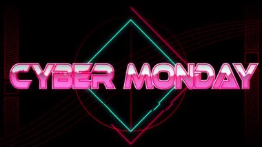 Siyah arkaplanda neon şekiller üzerine siber pazartesi metninin animasyonu. Video oyunu, eğlence ve dijital arayüz kavramı dijital olarak oluşturuldu.