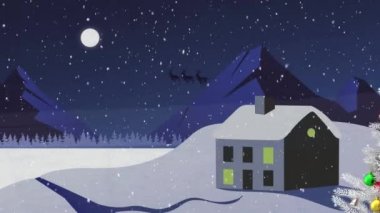 Yılbaşı ağacı ve kar, kışın evle, ağaçlarla ve dağlarla birlikte yere düşüyor. Noel şenliği ve kutlama konsepti