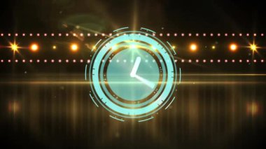 Disko ışıklarının üzerindeki saatin animasyonu. Yeni yıl partisi, zaman ve kutlama konsepti dijital olarak oluşturulmuş video.