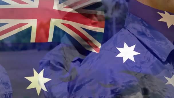 Animatie Van Vlag Van Australië Diverse Mannelijke Soldaten Leger Civiele — Stockvideo
