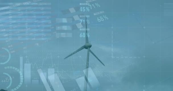 Animação Estatísticas Processamento Dados Sobre Turbinas Eólicas Paisagem Rural Ambiente — Vídeo de Stock