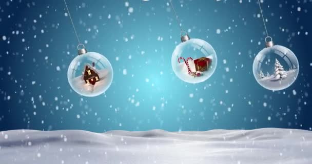 Merrry Christmas Text Hanging Bauble Decorations Snow Falling Winter Landscape — Stock Video
