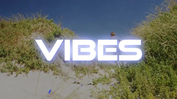 Animation Good Vibes Text Man Running Beach Social Media Messaging — Stock Video