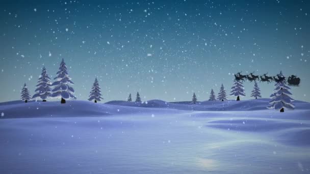 Анимация Снегопада Над Санта Клаусом Санях Северными Оленями Зимним Пейзажем — стоковое видео