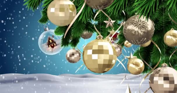 Opknoping Decoraties Kerstboom Tegen Sneeuw Vallen Winterlandschap Kerstfeest Vector Illustratie — Stockvideo