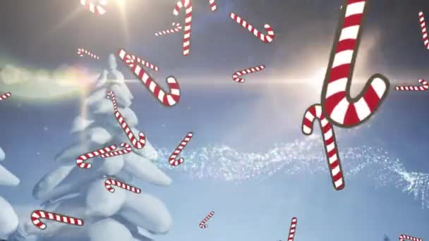节日快乐的文字和众多的糖果图标落在冬季风景的圣诞树上 圣诞节的庆祝和庆祝概念 — 图库视频影像