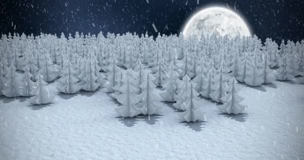 Animação Neve Caindo Sobre Paisagem Noturna Inverno Com Abetos Natal — Vídeo de Stock