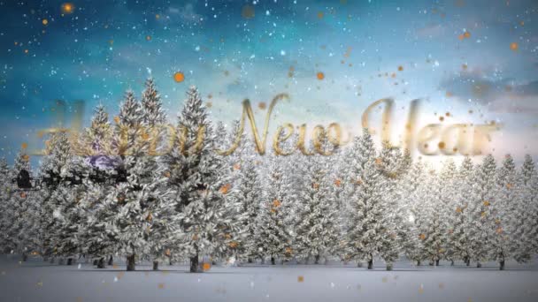 Animacja Szczęśliwego Noworocznego Tekstu Nad Świętym Mikołajem Saniach Reniferami Nad — Wideo stockowe