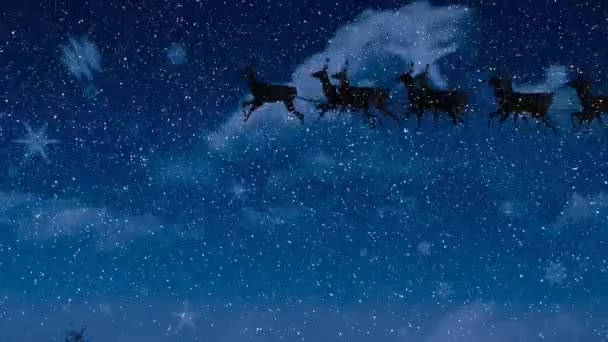 Анимация Санта Клауса Санях Оленями Над Снегом Небом Рождество Традиции — стоковое видео