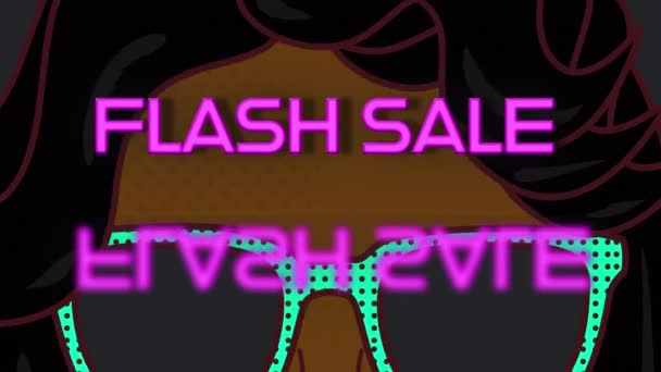 Animatie Van Flash Sale Tekst Retro Cartoon Gezicht Met Zonnebril — Stockvideo