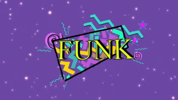 Animering Funk Text Gult Med Färgglada Geometriska Former Över Stjärnor — Stockvideo