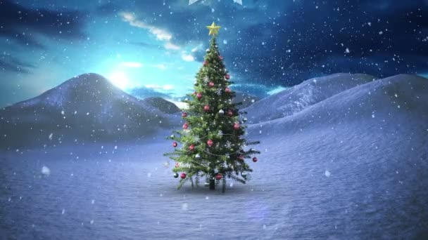 Decorazioni Natalizie Appese Contro Neve Che Cade Sopra Albero Natale — Video Stock