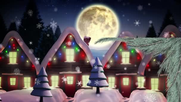 Ветка Елки Снежинки Падают Несколько Домов Зимнем Ландшафте Рождественский Праздник — стоковое видео