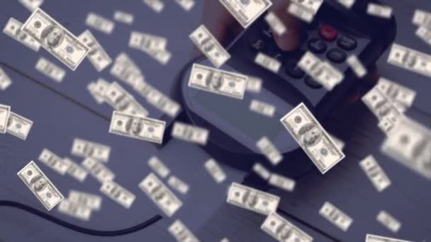 Анімація Плаваючих Доларів Над Платіжним Терміналом Глобальні Фінанси Гроші Концепції — стокове відео