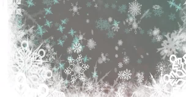 Animation Von Schnee Der Über Weihnachtsschneeflocken Auf Grauem Hintergrund Fällt — Stockvideo