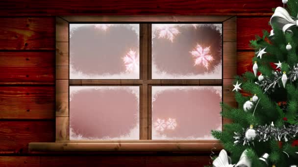 Vánoční Stromeček Okenní Rám Přes Sněhové Vločky Vznášející Červeném Pozadí — Stock video