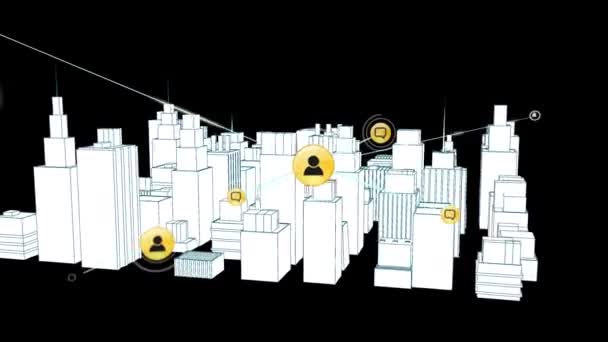 Animáció hálózat kapcsolatok ikonok felett 3D-s építészeti rajz város a háttérben. globális hálózatok, fejlesztés és kapcsolatok koncepciója digitálisan generált videó.