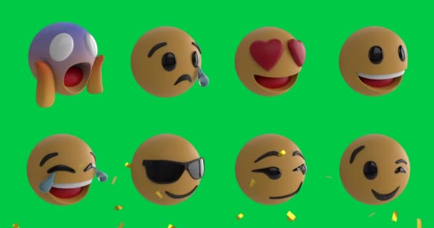 Animation Von Emojis Symbolen Über Konfetti Das Auf Grünen Hintergrund — Stockvideo