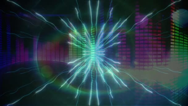 グラフィック音楽イコライザーの動きと光るスポットやライトトレイルのアニメーション 音楽クラブパーティーエンターテイメントのコンセプトデジタルで生成されたビデオ — ストック動画