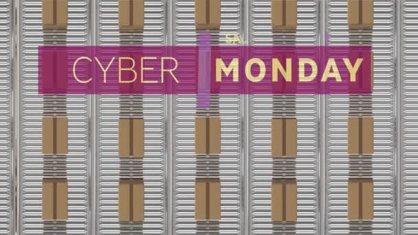 Animering Cyber Måndag Försäljning Text Över Kartonger Transportband Globalt Online — Stockvideo