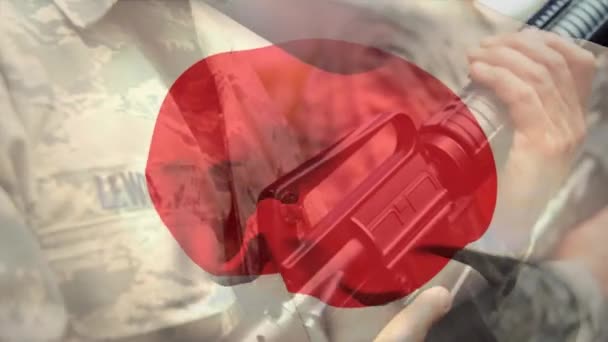 Animacja Flagi Japonii Nad Różnymi Żołnierzami Płci Męskiej Wojsko Obrona — Wideo stockowe