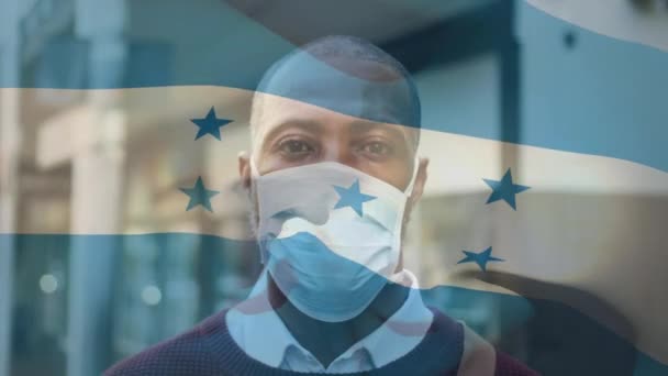 Animation Flag Honduras Waving African American Man Wearing Face Mask — Stock Video