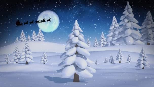 Анимация Санта Клауса Санях Северным Оленем Над Снегопадом Зимним Пейзажем — стоковое видео