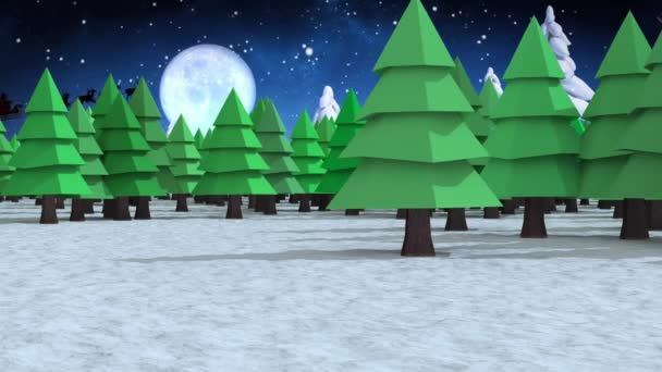 雪は夜空の月に対する冬の風景の上に複数の木の上に落ちる クリスマス フェスティバルとお祝いのコンセプト — ストック動画
