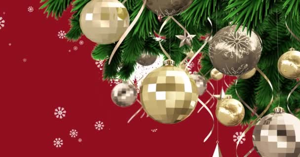 Animation Christmas Tree Baubles Decorations Snow Falling Red Background Christmas — Stock Video