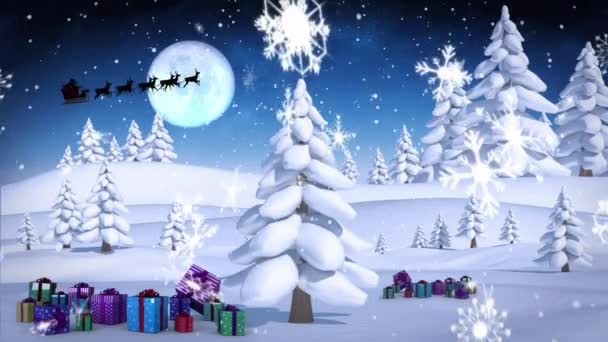 Сніжинки Падають Над Кількома Деревами Різдвяними Подарунками Зимовому Пейзажі Проти — стокове відео