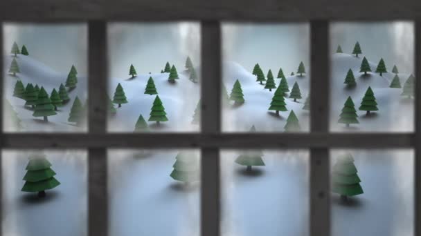 Houten Raamkozijn Tegen Meerdere Bomen Winterlandschap Kerstfeest Viering Vector Illustratie — Stockvideo
