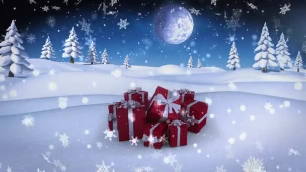 Flocos Neve Caindo Sobre Presentes Natal Paisagem Inverno Contra Lua — Vídeo de Stock