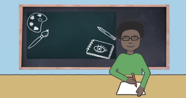 Animatie Van Schooljongen Het Maken Van Aantekeningen Schoolbord Met Schoolartikelen — Stockvideo