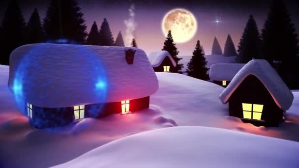 冬の風景と夜空に家の上に落ちる雪に対してぶら下がっている青い泡の装飾 クリスマス フェスティバルとお祝いのコンセプト — ストック動画